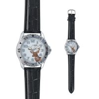 Montre trappeur motif cerf boîtier métal, fond acier et bracelet synthétique noir