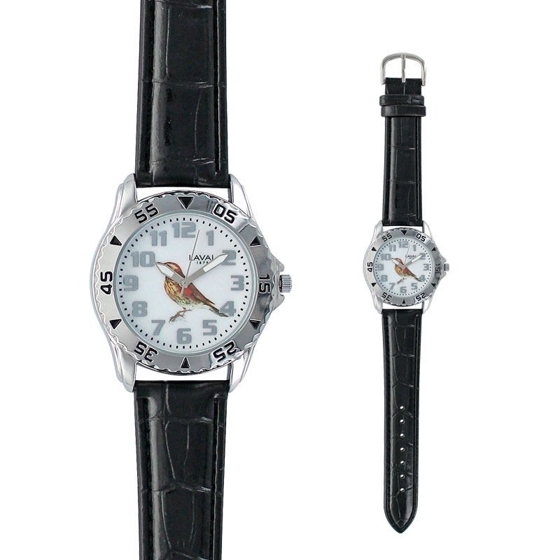 Montre trappeur motif grive boîtier métal, fond acier et bracelet synthétique noir