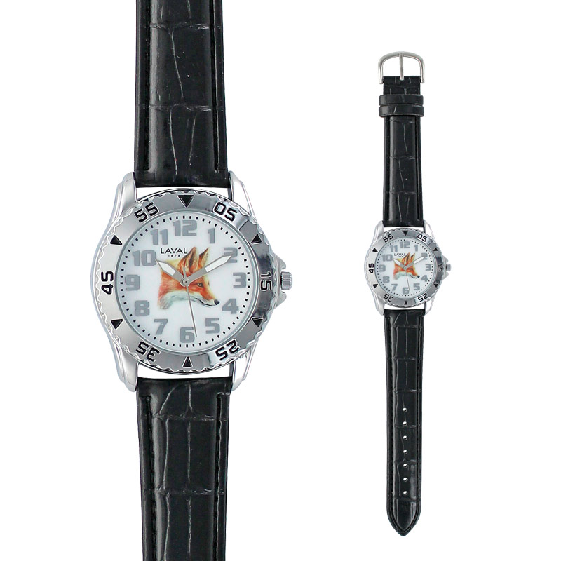 Montre trappeur motif renard boîtier métal, fond acier et bracelet synthétique noir