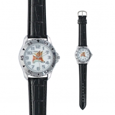 Montre trappeur motif renard boîtier métal, fond acier et bracelet synthétique noir