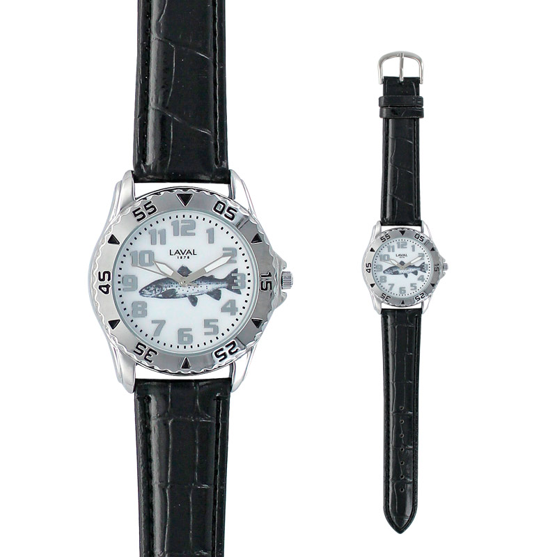 Montre trappeur motif truite boîtier métal, fond acier et bracelet synthétique noir