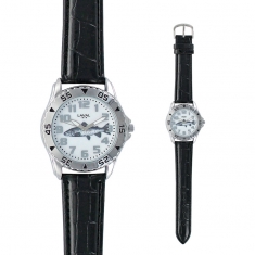 Montre trappeur motif truite boîtier métal, fond acier et bracelet synthétique noir