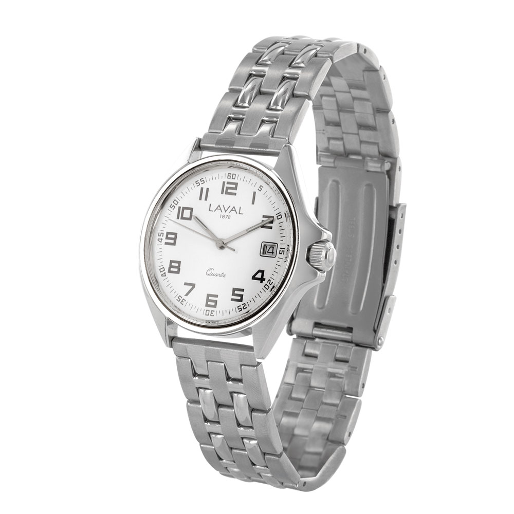 Montre travail homme acier, cadran blanc, 2 affichages chiffres arabes, bracelet boucle déployante