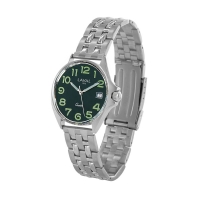 Montre travail homme acier, cadran noir/vert, dato 3h, chiffres arabes, bracelet boucle déployante