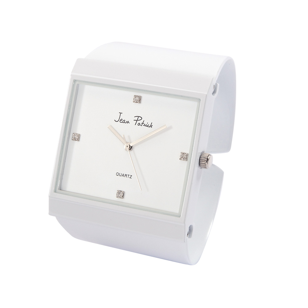 Montre vintage dame Jean Patrick, carré blanche, pierres synthétiques, bracelet clip