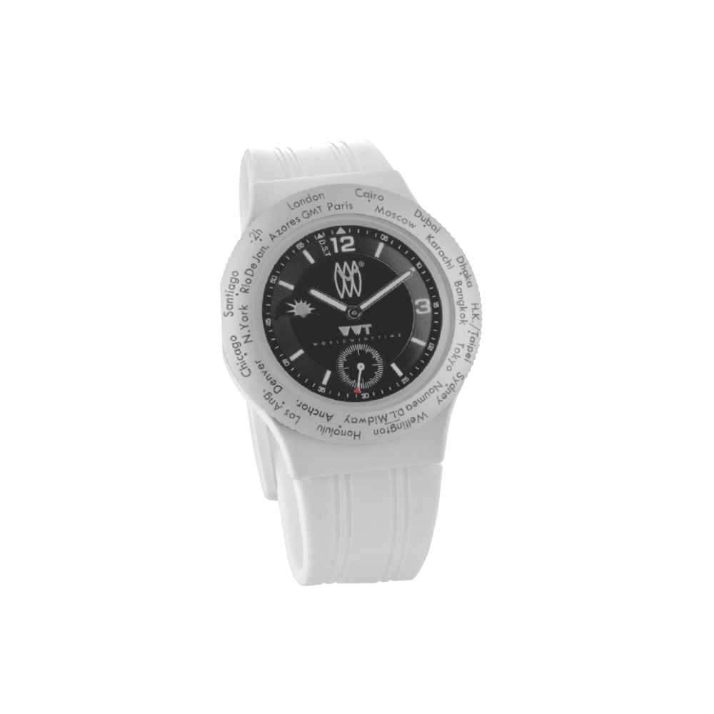 Montre WWT cadran noir, boîtier et bracelet en caoutchouc blanc
