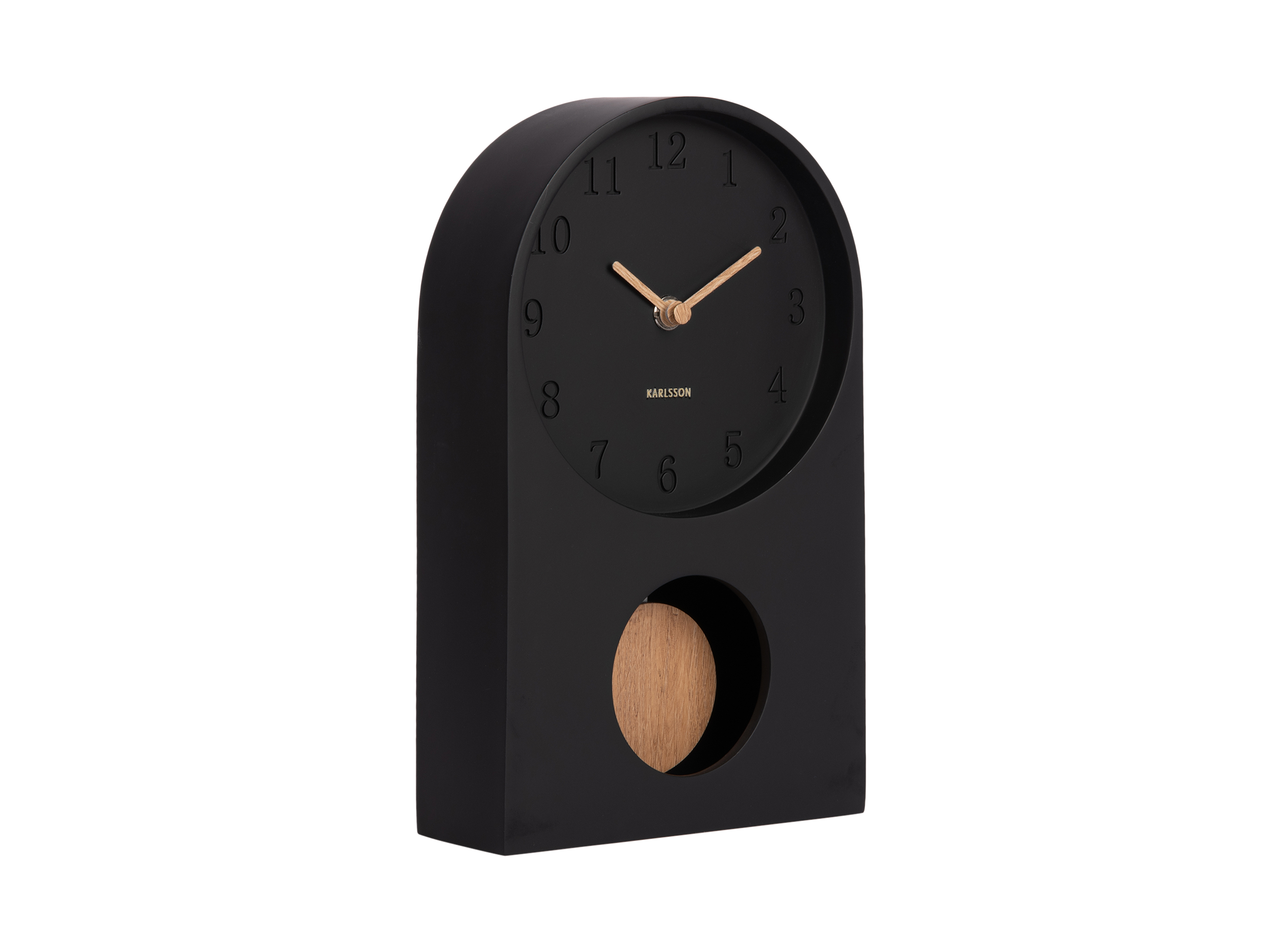 orloge de table en bois, forme d’arche, avec cadran rond noir