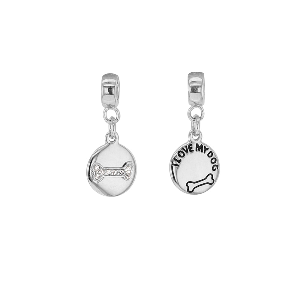 Pampille Amoureuse en argent 925/1000 rhodié avec d'oxyde de zirconium - I love my dog et os gravé