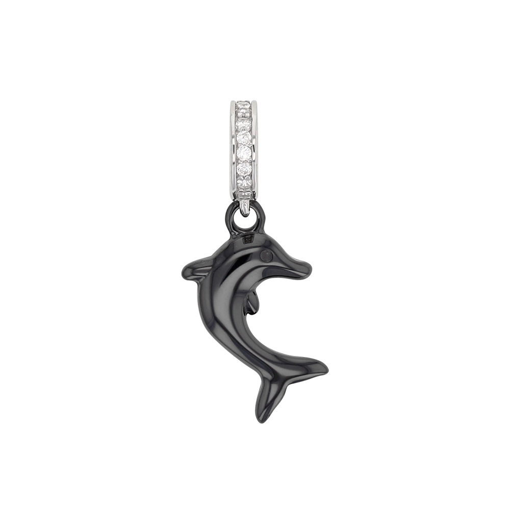 Pampille céramique noire et anneau empierré en argent 925/1000 rhodié - dauphin
