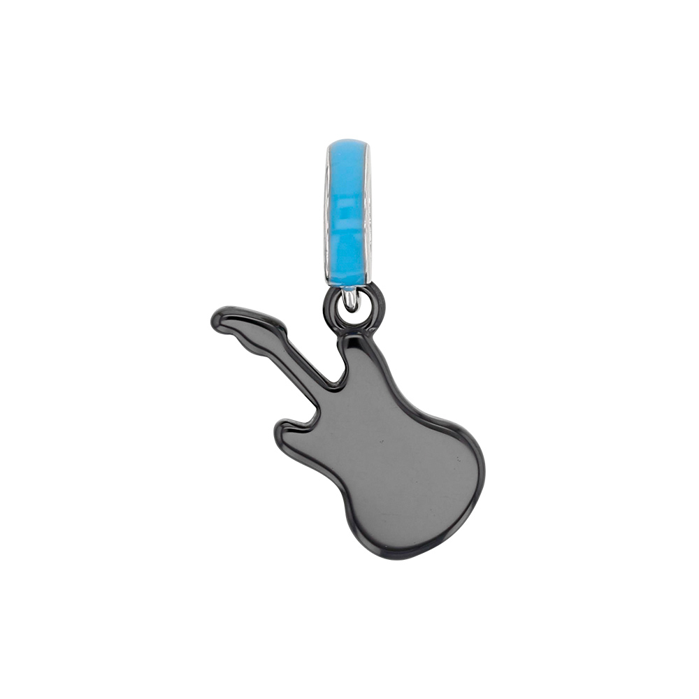 Pampille céramique noire et anneau en argent 925/1000 rhodié - guitare