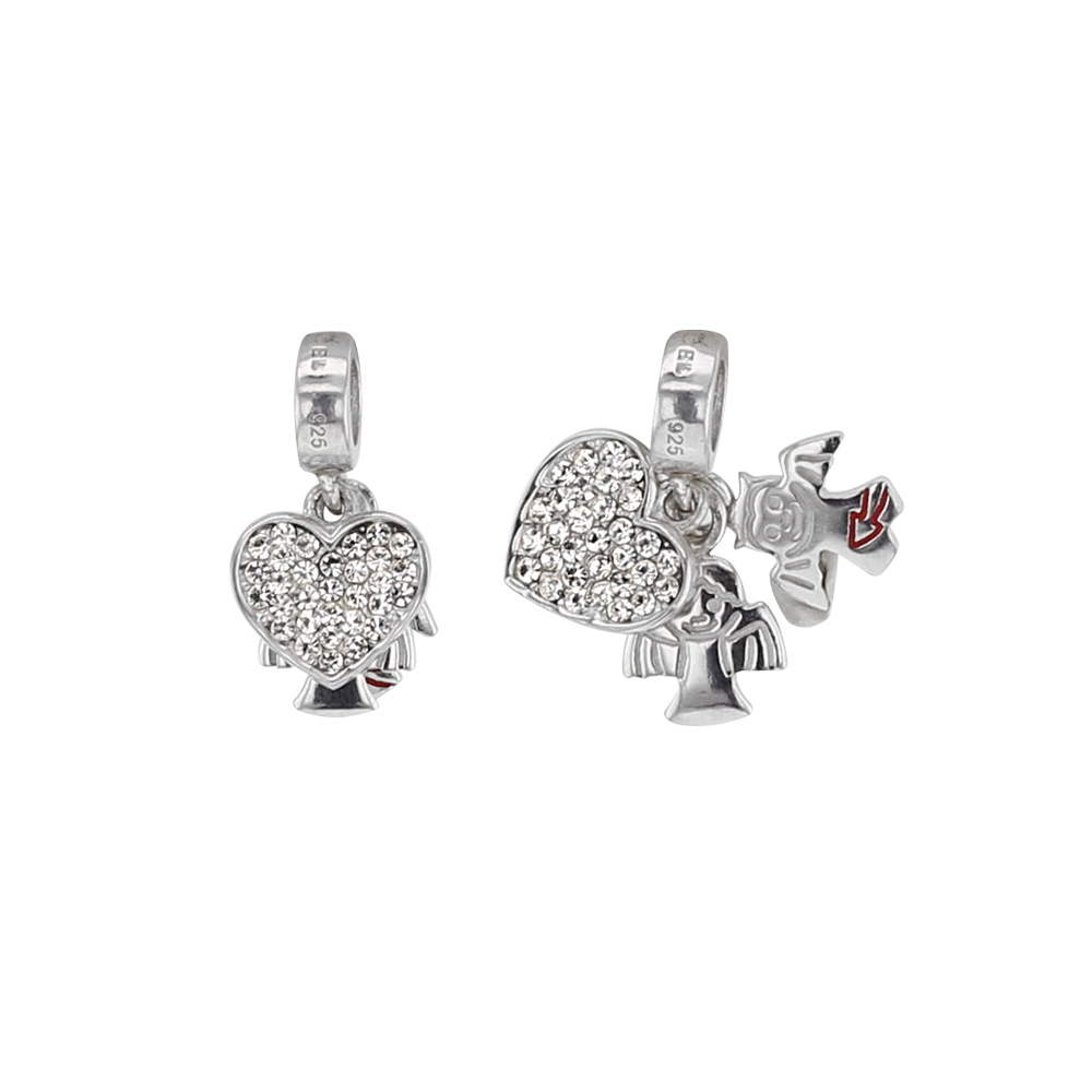 Pampille Messagère en argent 925/1000 rhodié Ange & Démon et coeur orné de cristaux de Swarovski®