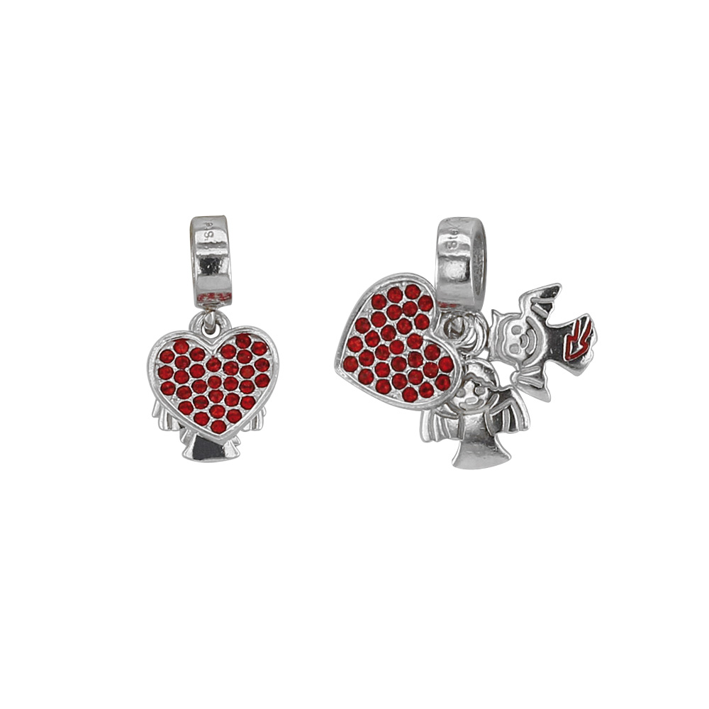 Pampille Messagère orné de cristaux de Swarovski® Ange & Démon et coeur rouge en argent 925/1000