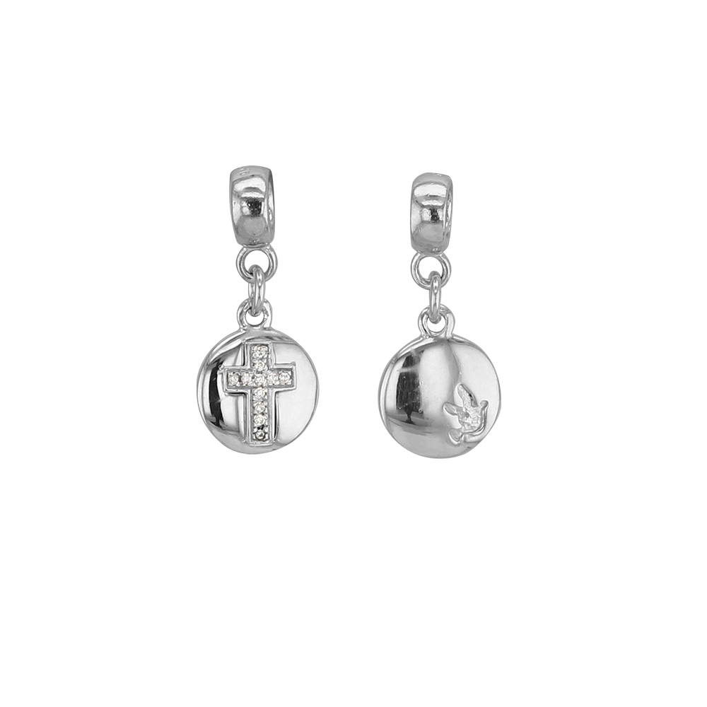 Pampille Symbolique en argent 925/1000 rhodié et oxyde de zirconium - La Croix et la Colombe