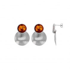 Pendantes 2 ronds en Ambre et en argent 925/1000 rhodié avec rainures