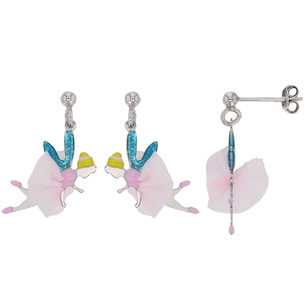 Pendantes argent rhodié forme de fée avec tutu et ailes bleues
