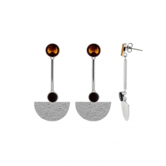 Pendantes demi-cercle strié orné de 2 ronds Ambre cerise et cognac, argent 925/1000 rhodié