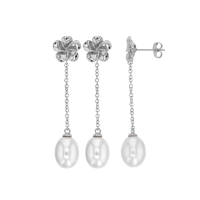 Pendantes perles d'eau douce de culture, motif Tiaré Tahiti en argent 925/1000 rhodié