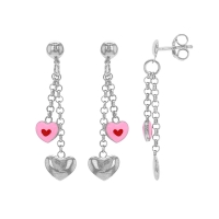 Pendants 2 coeurs émail rose rouge et argent 925/1000 rhodié