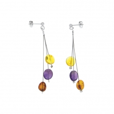 Pendants 3 câbles ornés d'une pierre d'ambre cognac, citrine et améthyste, argent 925/1000 rhodié