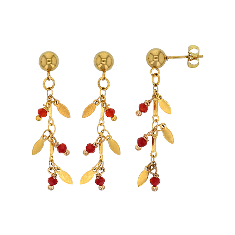 Pendants à pampilles feuilles en acier doré et boules en cristal rouge