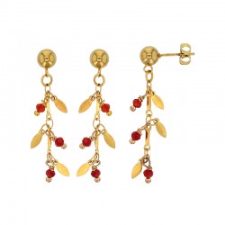 Pendants à pampilles feuilles en acier doré et boules en cristal rouge