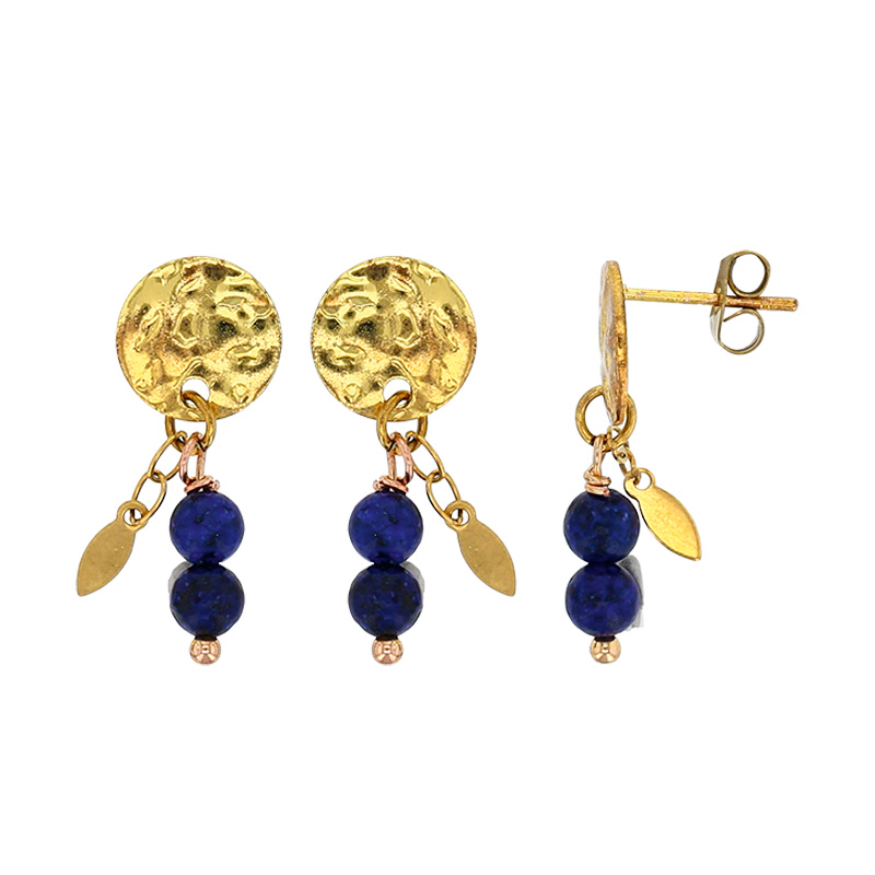 Pendants à pampilles feuilles en acier doré, ornés d'un rond martelé et de boules en sodalite