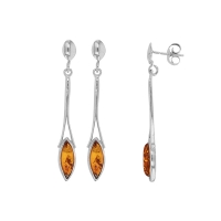 Pendants allongés ambre cognac en forme d'amande, entourés d'argent 925/1000 rhodié