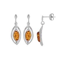 Pendants ambre cognac en forme d'amande, entouré d'argent 925/1000 rhodié