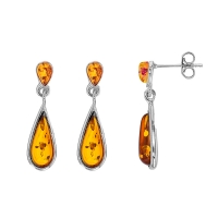 Pendants ambre cognac en forme de goutte et argent 925/1000 rhodié