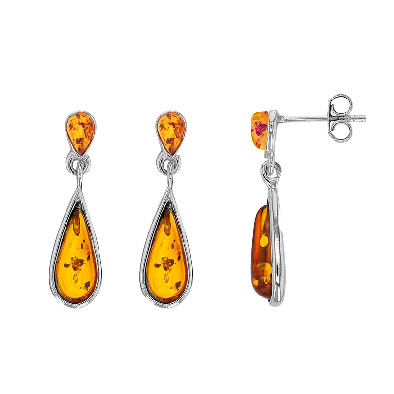 Pendants ambre cognac en forme de goutte et argent 925/1000 rhodié
