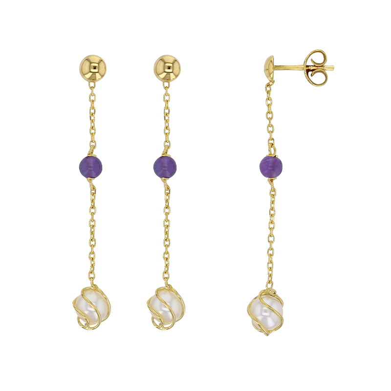 Pendants avec perles de culture d'eau douce entourées et boules en améthyste, Or 375/1000