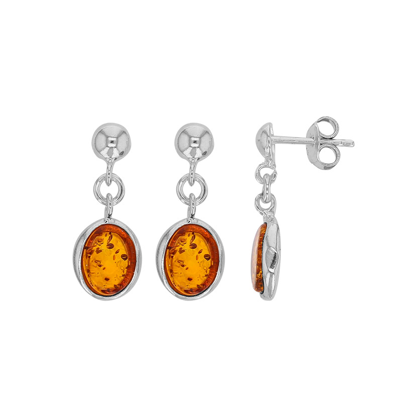 Pendants cabochon plat ambre cognac et argent 925/1000 rhodié