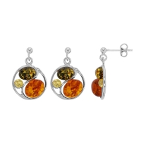 Pendants cercle ornés de 3 ambres : cognac, miel et gris, en argent 925/1000 rhodié