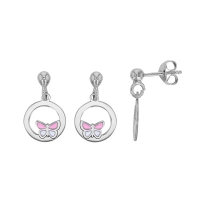 Pendants cercles ajourés, papillon émail rose et blanc en argent 925/1000 rhodié