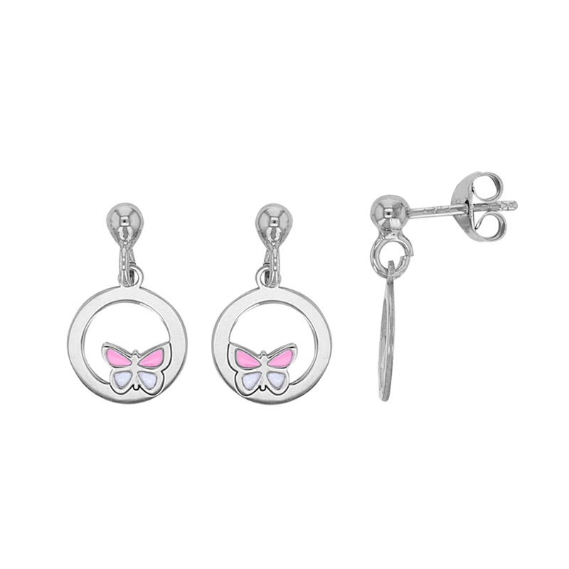 Pendants cercles ajourés, papillon émail rose et blanc en argent 925/1000 rhodié