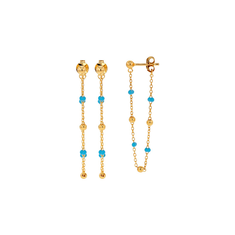 Pendants chaîne double 4cm plaqué or, effet petites perles, violet