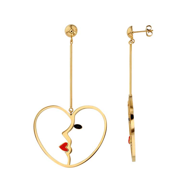 Pendants coeur en acier ajouré avec visage femme en émail