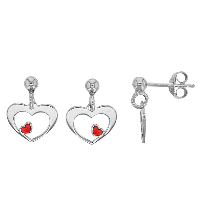 Pendants coeurs ajourés, émail rouge en argent 925/1000 rhodié