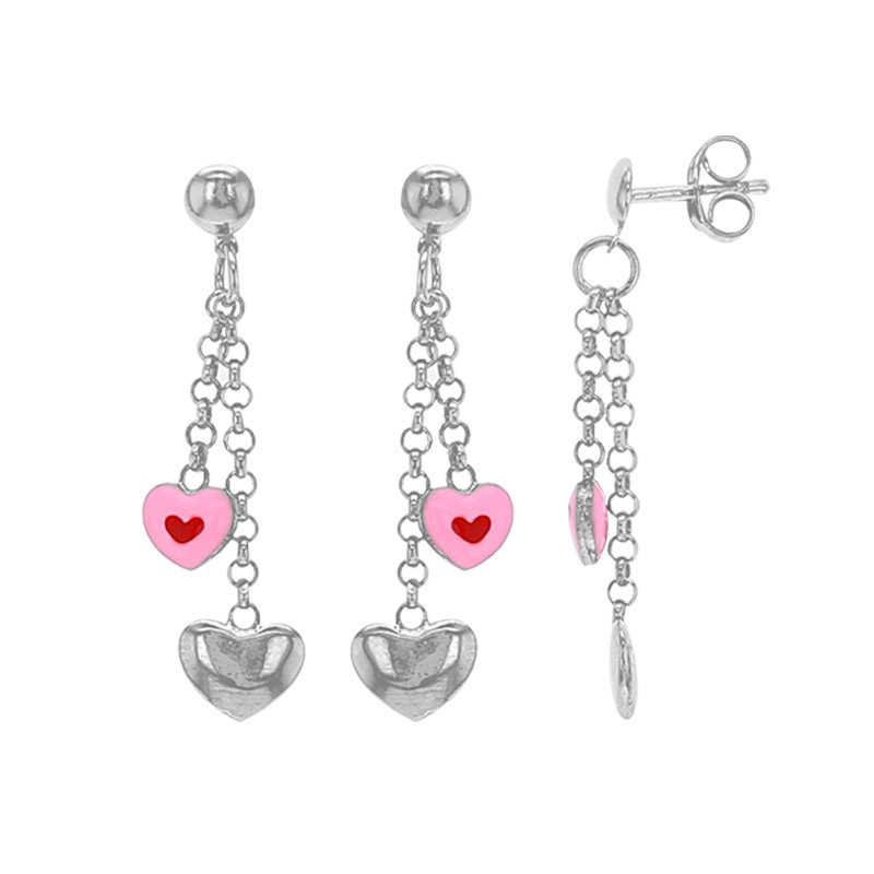 Pendants 2 coeurs émail rose rouge et argent 925/1000 rhodié