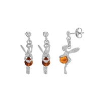 Pendants fée ambre forme boule cognac, argent 925/1000 rhodié