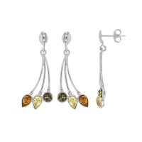 Pendants feuillages en ambre cognac, miel et gris, argent 925/1000 rhodié