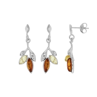 Pendants feuille en ambre cognac et miel, argent 925/1000 rhodié