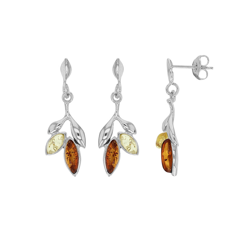 Pendants feuille en ambre cognac et miel, argent 925/1000 rhodié