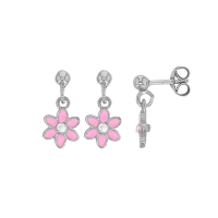 Pendants fleur émail rose et verre argent 925/1000 rhodié