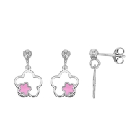 Pendants fleurs ajourées, émail rose en argent 925/1000 rhodié