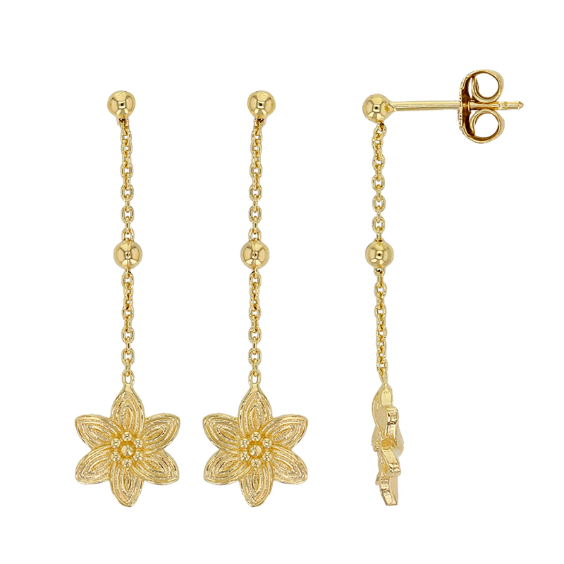 Pendants 2 fleurs en relief et boules, argent 925/1000 doré