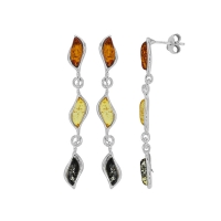 Pendants forme amande en ambre cognac, miel et gris, argent 925/1000 rhodié