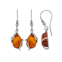 Pendants forme goutte ornés d'ambre cognac, argent 925/1000