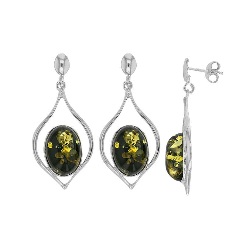 Pendants forme losange, ambre verte ovale argent 925/1000 rhodié