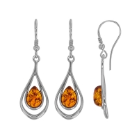 Pendants forme ovale ornés d'ambre cognac, argent 925/1000 doré